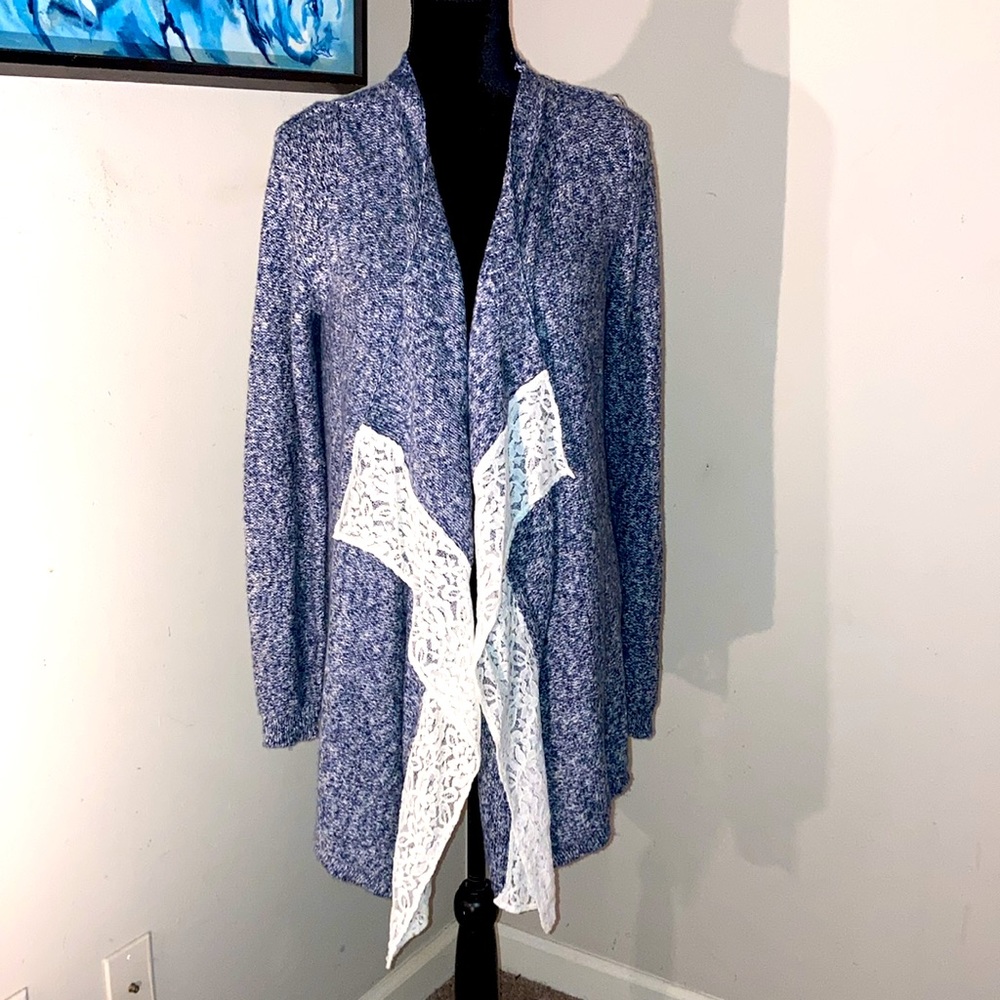 Pink Rose | Women’s Blue/White Open Front Cardigan/Sweater - Size Large